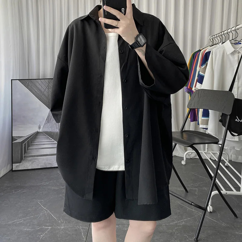 Threebooy Told Tale Oversized Men's Shirts Black/White Harajuku Men Seven Sleeves Casual Shirt Tops Summer Daily Streetwear Man Blouse
