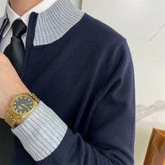 Threebooy British Style Slim-fit Sweater with Stand-up Collar American Casual Color-blocked Zipper Cardigan Woolen Top Trendy Jacket Chic