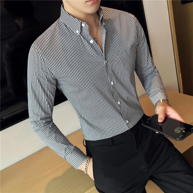 Threebooy  Men Spring High Quality Business Long Sleeve Shirts/Male Slim Fit Fashion Plaid Office Dress Shirts Plus Size S-4XL