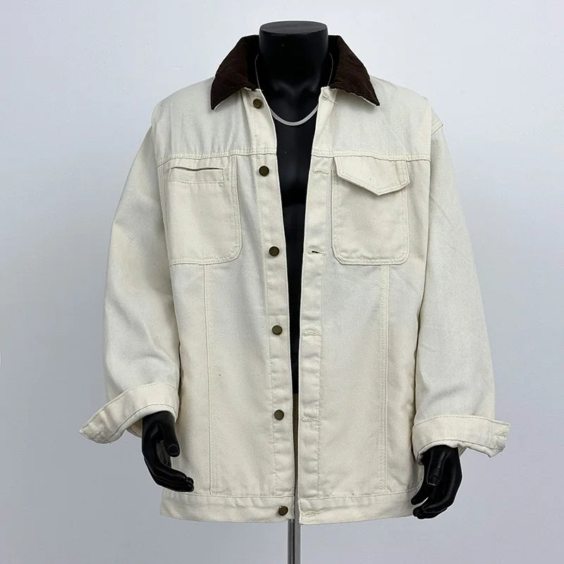 Threebooy American Casual Coat Contrasting Color Splicing Design Denim Workwear Men's High Street Trend Retro Personality Lapel Jacket