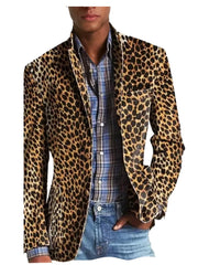 Threebooy  Men's Leopard Print Velvet Blazer Classic Fit Stylish Long Sleeve Notched Lapel Suit Jacket for Nightclub Wedding Streetwear