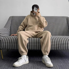Threebooy  Men Women Gray Hoodie Set Loose Thick Fleece Tracksuit Minimalist Streetwear Unisex Fashion Fall Winter Warm 2 Piece Outfit