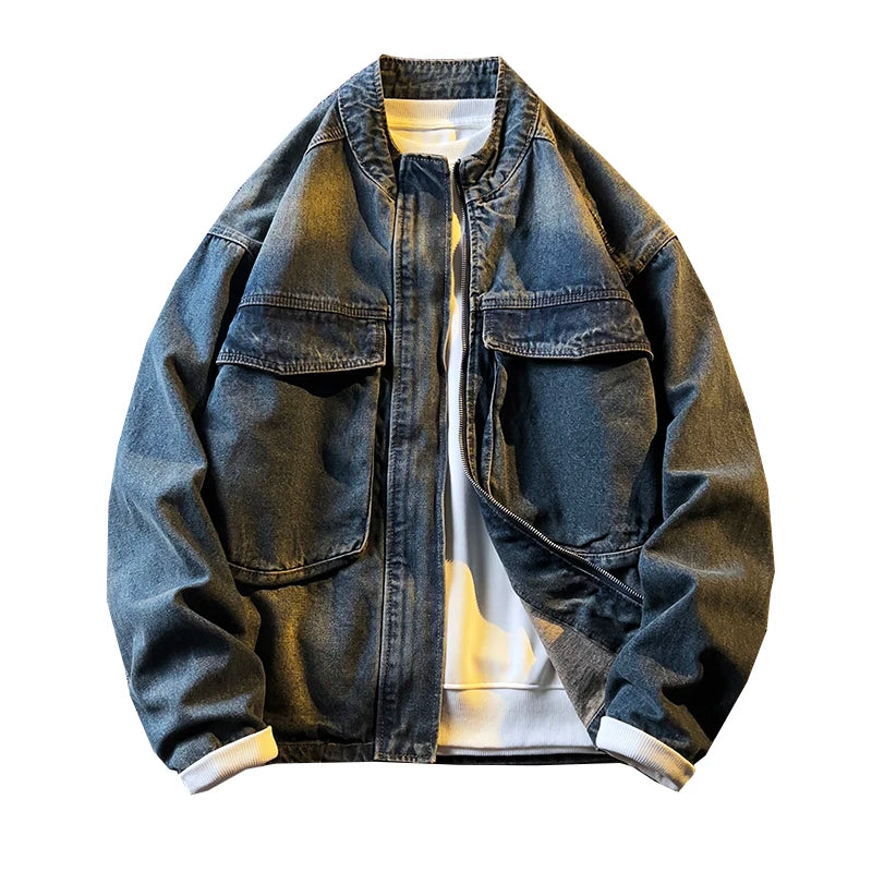 Threebooy  Spring Autumn Old Blue Loose Large Pocket Stand Collar Denim Jacket Men's Retro American High Street Zipper Jacket Top Urban