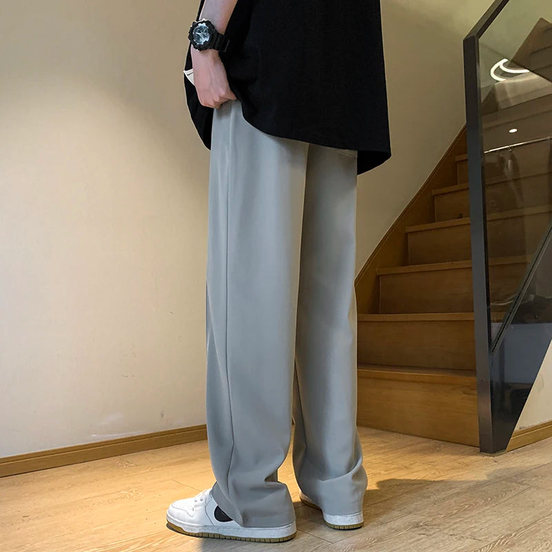 Threebooy Gray/Black Spring Summer Ice Silk Straight Pants Men's Pleated Loose Casual Mopping Trousers Trend Daily Streetwear Harem Pants