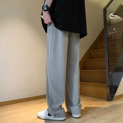 Threebooy Gray/Black Spring Summer Ice Silk Straight Pants Men's Pleated Loose Casual Mopping Trousers Trend Daily Streetwear Harem Pants