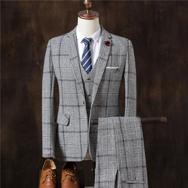 Threebooy  Formal Groom Wear 3 Piece (Blazer+ Vest + Pants) Men's Suit Fashion Business Gentleman Wedding Casual Plaid Cotton Linen Jacket