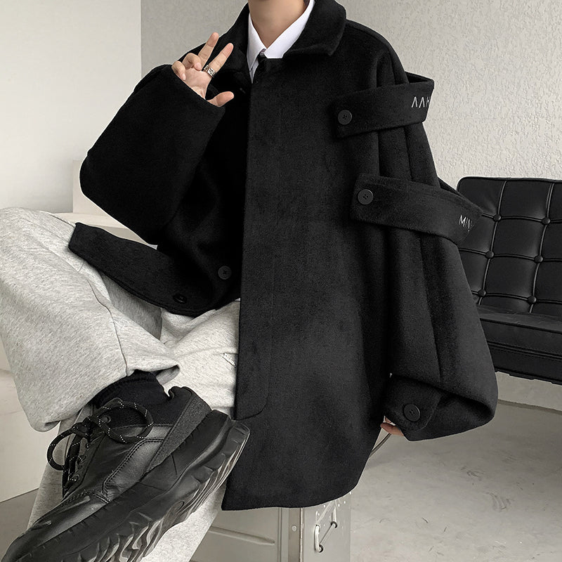 Threebooy Streetwear Woolen Coat Men's Autumn Winter Minority Lapel Jacket American Retro Loose Casual Asymmetrical Jacket