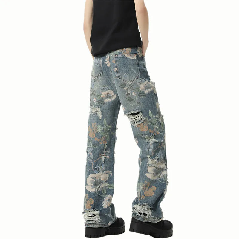 Threebooy  Distressed Straight Leg Jeans Ripped Hole Design Urban Streetwear Fashion Men Denim Pants Trendy Casual Edgy Hiphop Style