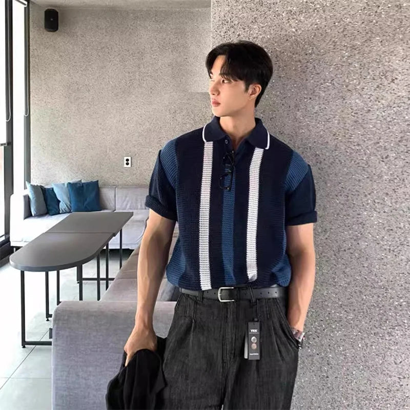 Threebooy Men's Clothing Fashion Tops Light Luxury Korean Popular Hollow Out Polo Shirt Leisure Short Sleeve Solid Color Striped Knitwear