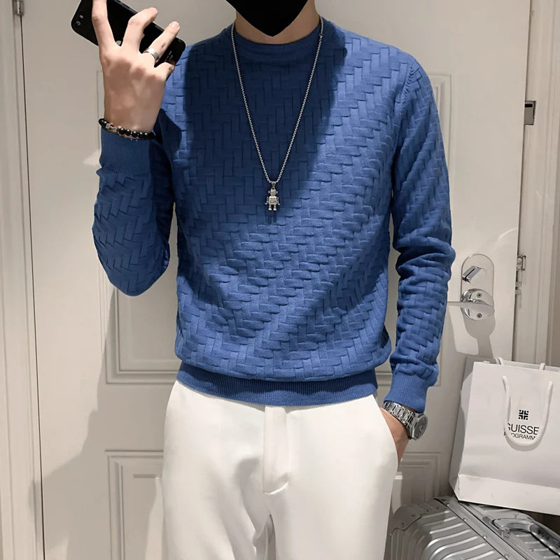 Threebooy Autumn Winter Men's Sweater Long Sleeve Round Neck Knitted Pullovers Fashion Plaid Casual Warm Knitwear Tops Men Clothing