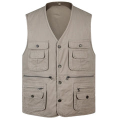 Threebooy  New Classic Summer Men Vest Cotton Button Multi Pocket Sleeveless Jacket Coat Solid Color Outdoor Fishing Waistcoat Plus Size
