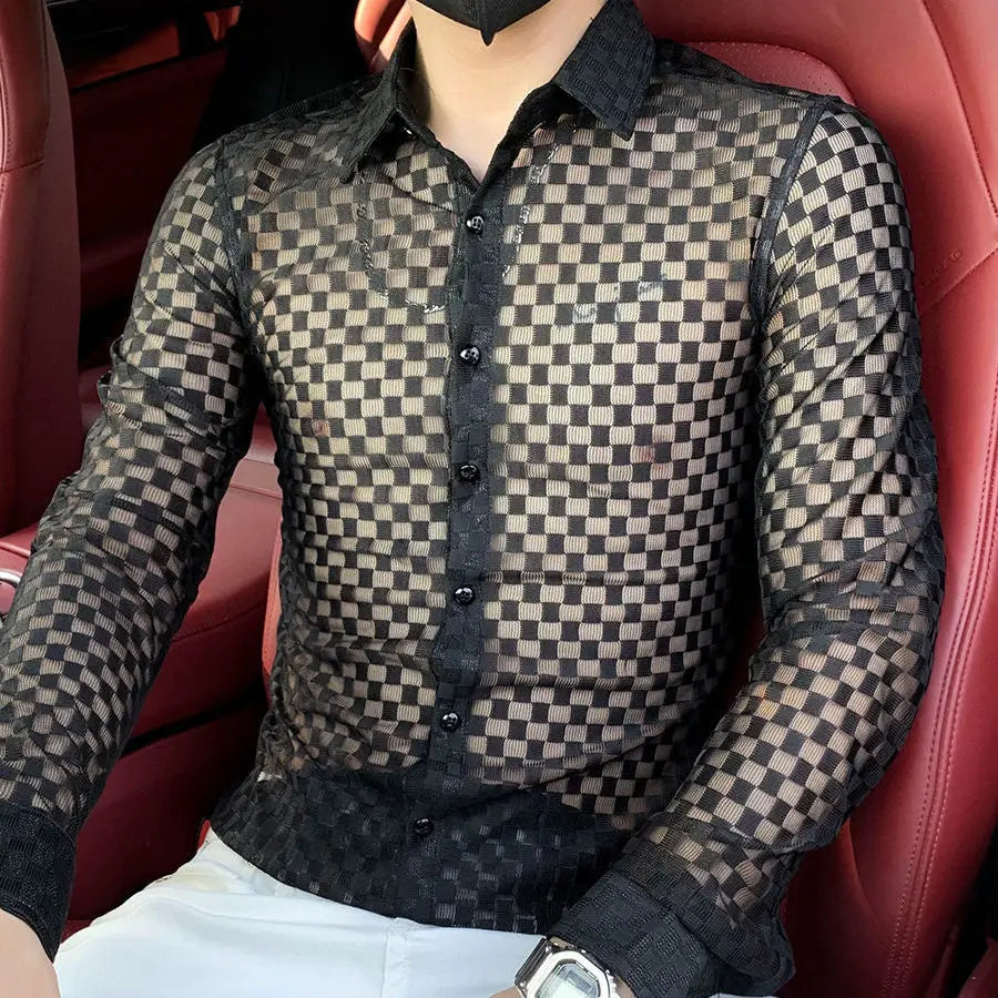 Threebooy  Spring Autumn New Fashion Plaid a Peaked Collar Men's Clothing Shirts Long Sleeve Button Hollow Out Slim Korean Chaopai Blouse
