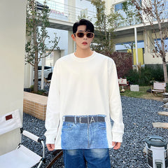 Threebooy Korean Street fashion Spring Casual Men Personality Jeans Print Long Sleeve T-shirts Sweatshirt Patchwork Loose Sweatshirts