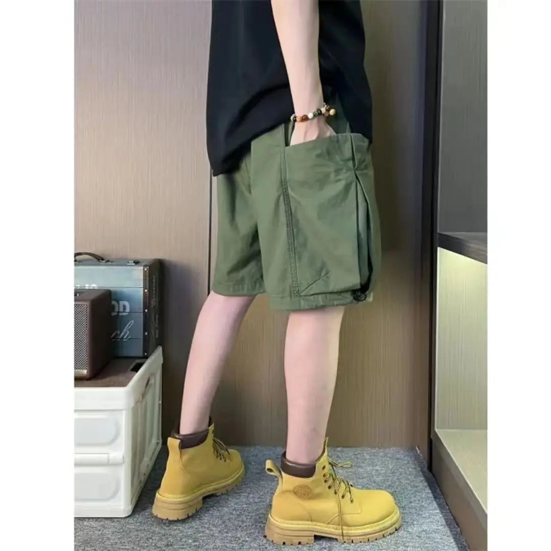 Threebooy Summer Men's Work Shorts Casual Versatile Loose Breathable Five-point Pants American Straight-leg Retro Simple Solid Color Pants