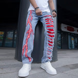 Threebooy Men Cracked Stretchable Lightning Jeans Fashionable Streetwear Holes Ripped Patchwork Denim Pants Slim Skinny Trousers for Men