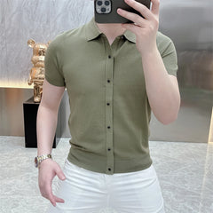Threebooy  Summer Polo Neck Ice Silk Short Sleeved T-shirt Men's Slim Fit Knitted Shirt Casual Business Tshirts Social Streetwear Tee