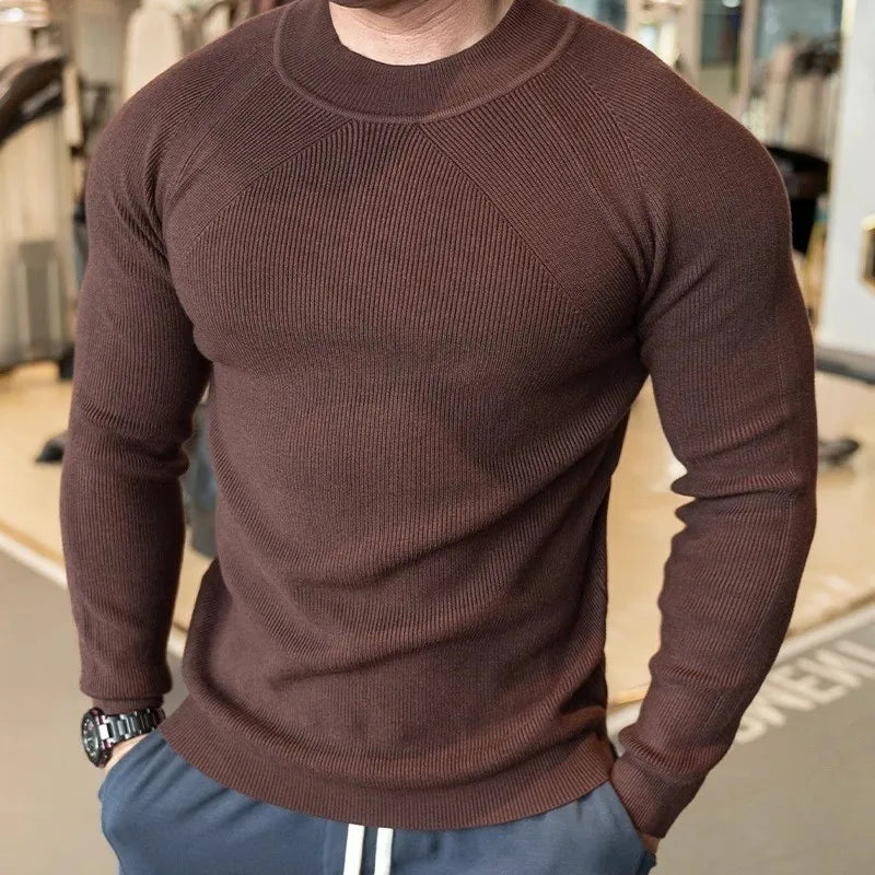 Threebooy  New American Style Men Basic Sweater Fashion Fitness Knit Solid Color Long Sleeve Pullover Casual O Neck Retro Splicing Knitwear