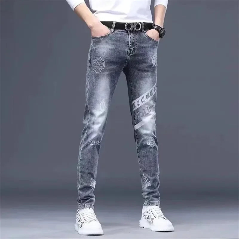 Threebooy Jeans Men Print Pants Loose Fit Blue Baggy Jeans Korea Fashion Wide Leg Pants Denim Trousers Men's Clothing Harem Pants