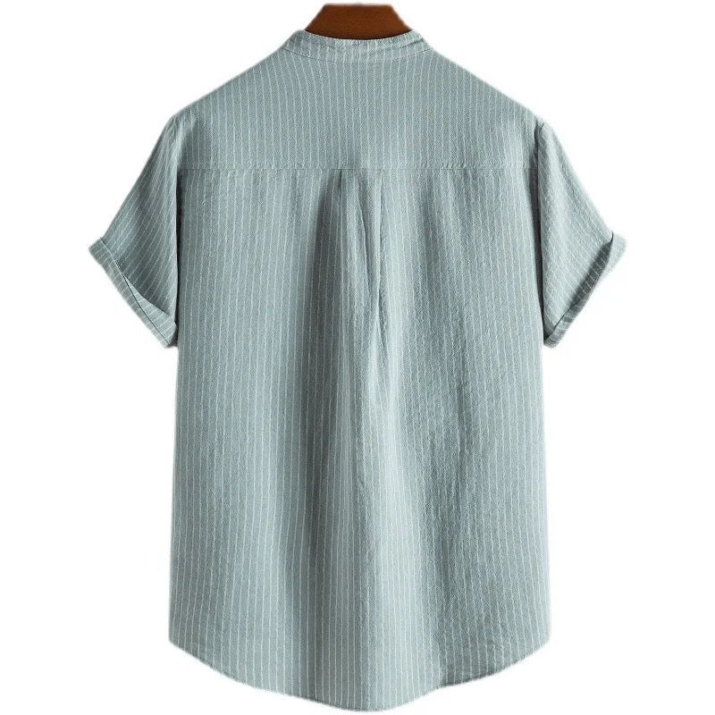 Threebooy Summer Men's Cotton Linen Stand Collar Short Sleeved Shirt