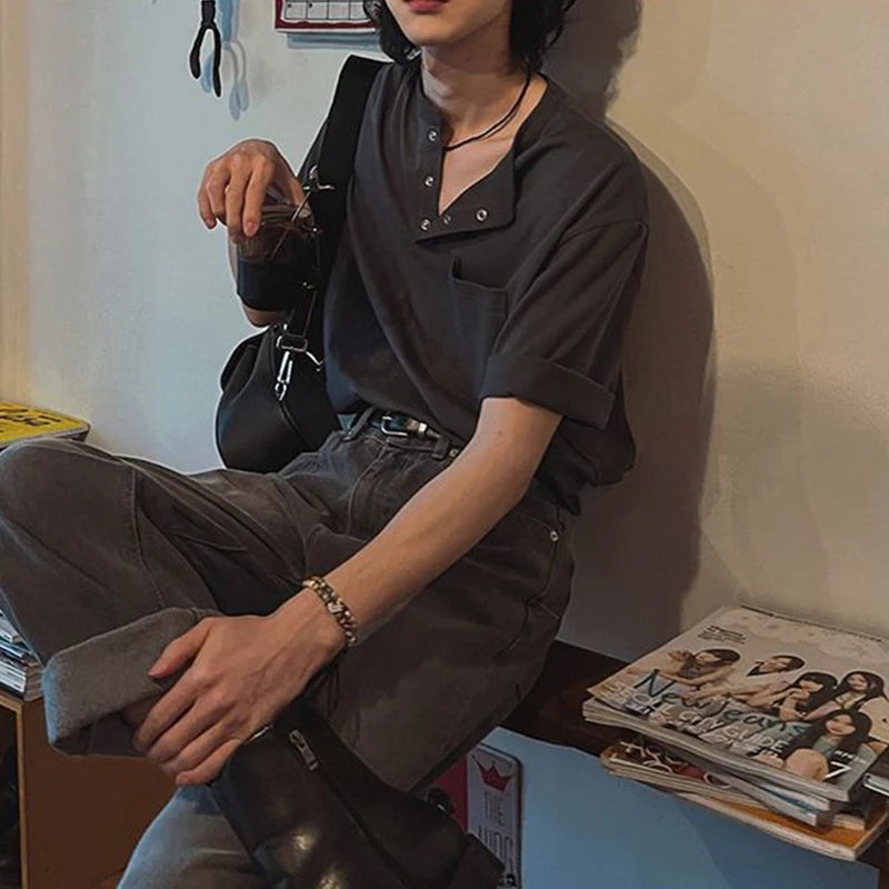 Threebooy  New Fashion Korean Style Men T-shirt Light Luxury Henry Collar Tops Casual Loose High Quality Solid Color Half Sleeve Tees M-2XL