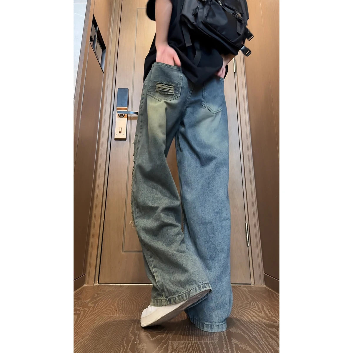 Threebooy Beggar jeans men Vintage Streetwear Ripped Hole Jeans Men Women Harajuku Aesthetic Wide Leg Denim Trousers Unisex Straight Pants