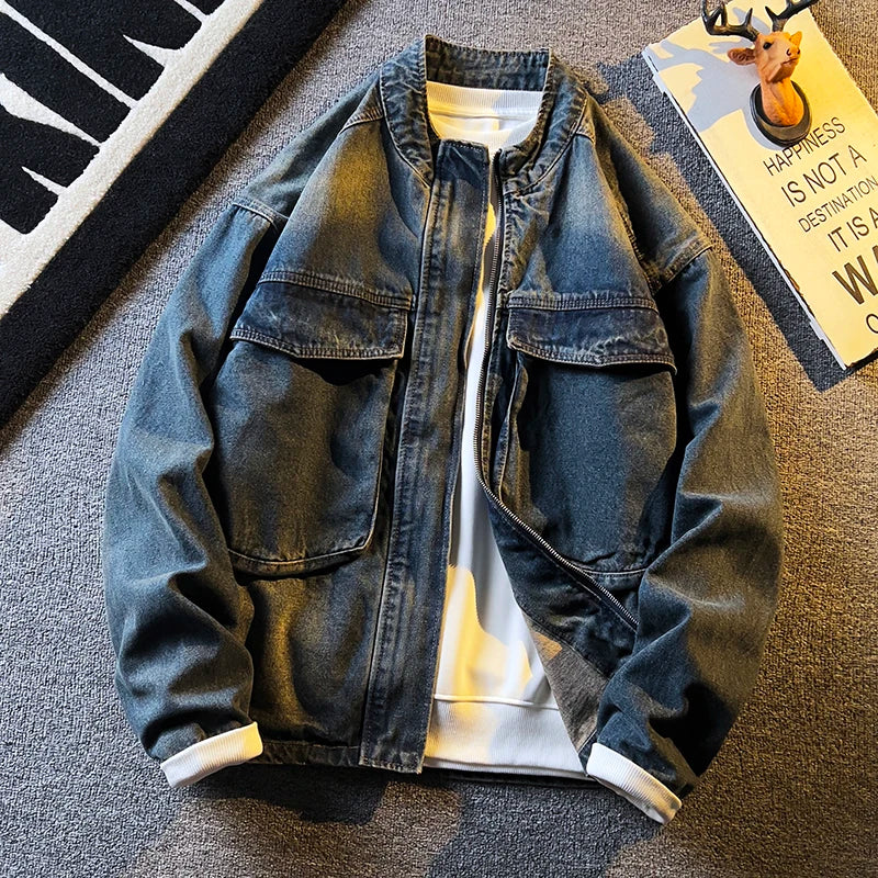 Threebooy  Spring Autumn Old Blue Loose Large Pocket Stand Collar Denim Jacket Men's Retro American High Street Zipper Jacket Top Urban