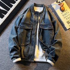 Threebooy  Spring Autumn Old Blue Loose Large Pocket Stand Collar Denim Jacket Men's Retro American High Street Zipper Jacket Top Urban