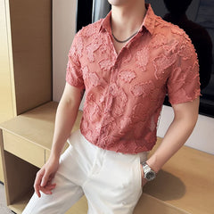 Threebooy  Summer New Lace Hollow Short Sleeve Shirt Ice Silk Fashion Leisure Nightclub Shirt High Quality Sunscreen Shirt Size 4XL-M