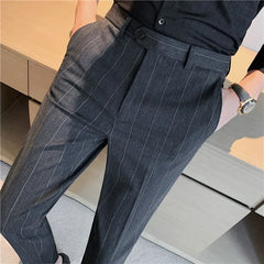 Threebooy Classic Stripe Men Dress Pants Formal Business Office Social Suit Pants High Quality Streetwear Casual Pencil Trousers Costume