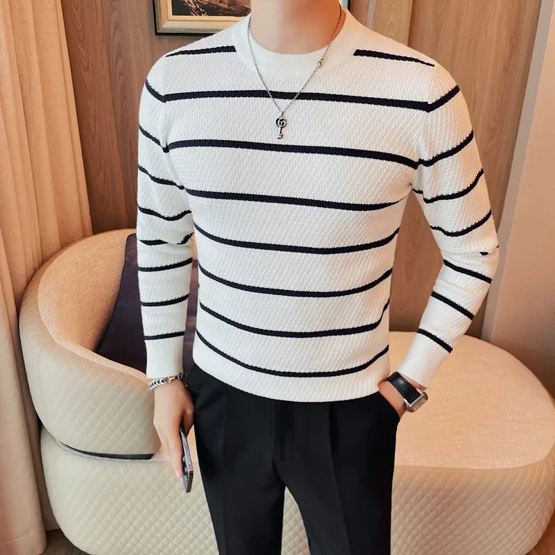 Threebooy Men High Quality Winter Basic Round Neck Sweaters Casual Soft Warm Long Sleeve Sweater Korean Knitted Stripe Pullover 4XL-M