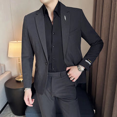 Threebooy New (Blazer+ Trousers) Men's Gentleman Fashion Business Suits Solid Color Korean Style Wedding Work Suit 2 Piece Set Tuxedo