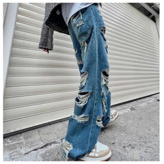 Threebooy American Style Streetwear Washed Torn Jeans For Men And Women's Street Hip-Hop Loose Wide Leg Straight Leg Pants Fashion Style