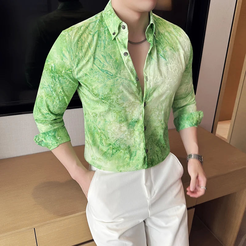 Threebooy  Brand Tie Dye Long Sleeved Shirt for Men Summer Slim Fit Casual Business Dress Shirts Fashion Office Social Streetwear Shirt