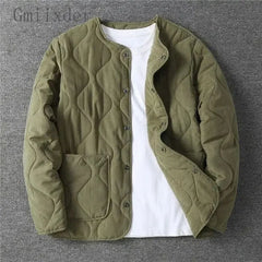 Threebooy Autumn Winter O-neck Quilted Jacket Men's Versatile Green Retro Thickened Coat Men Techwear Button Up Oversize Jacket