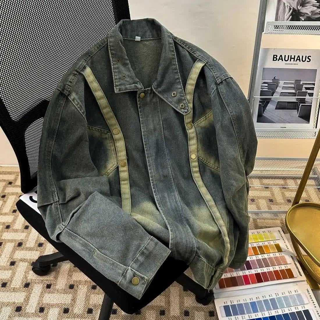 Threebooy  American Retro Niche Button Jeans Coat Design Zipper Loose Washed Denim Jacket Men's Autumn High Street Jacket Top Spring Autumn