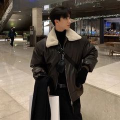 Threebooy Winter Jacket Men Warm Fashion Casual Thickened Leather Jacket Men Streetwear Korean Loose Short Coat Mens Thick Leather Coat