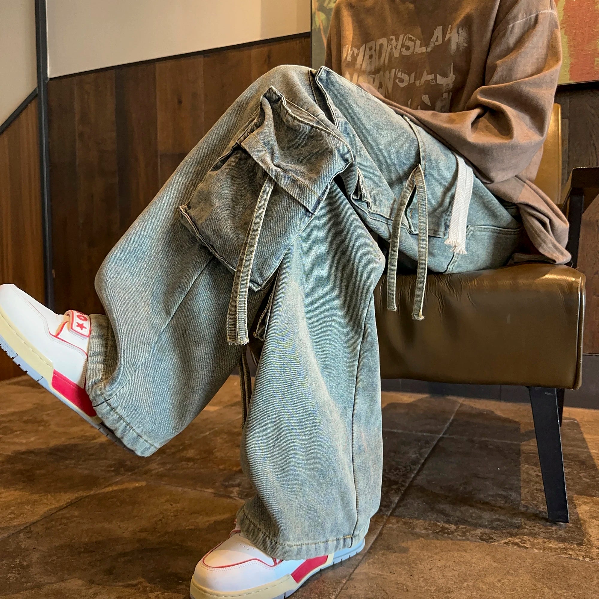 Threebooy Multi-pockets Ribbons Jeans Men Wide Leg Denim Pants Straight Baggy Men's Cowboy Hip Hop Streetwear Neutral Mopping Trousers