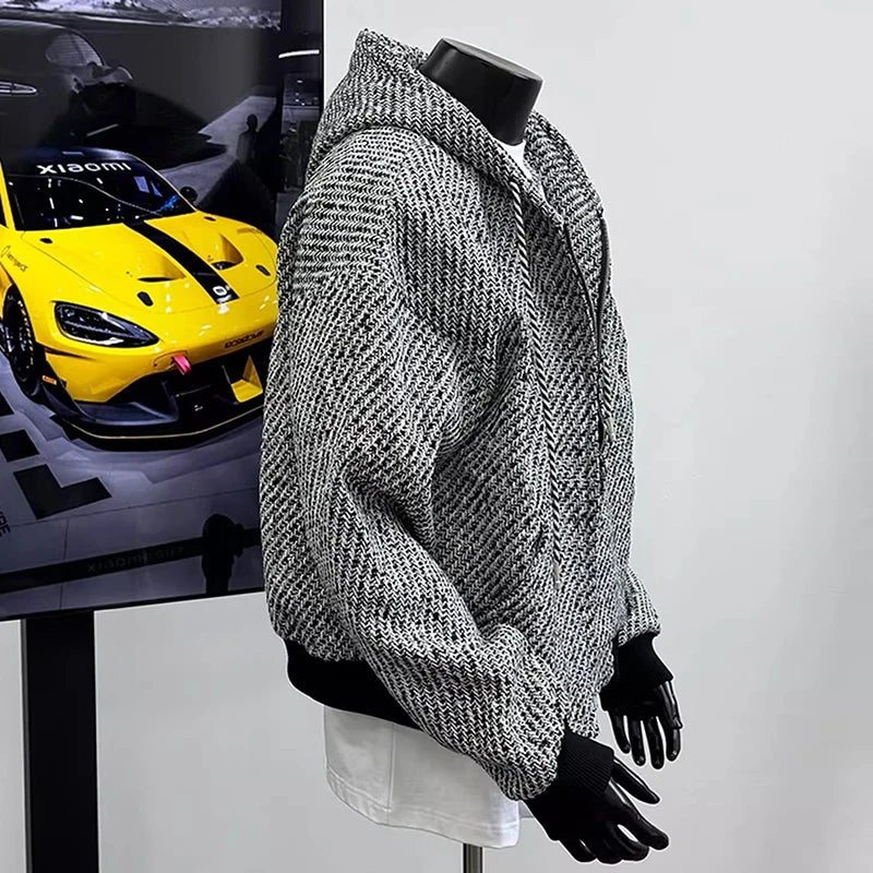 Threebooy  New Autumn Men Textured Hooded Sweatshirt Jacket Light Luxury Harajuku Zip-up Leisure Fashion Long Sleeve Hoodie Crop Coat M-2XL