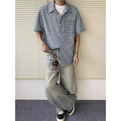 Threebooy Blue short-sleeved plaid shirt for men, summer cleanfit collar shirt, American loose couple style.