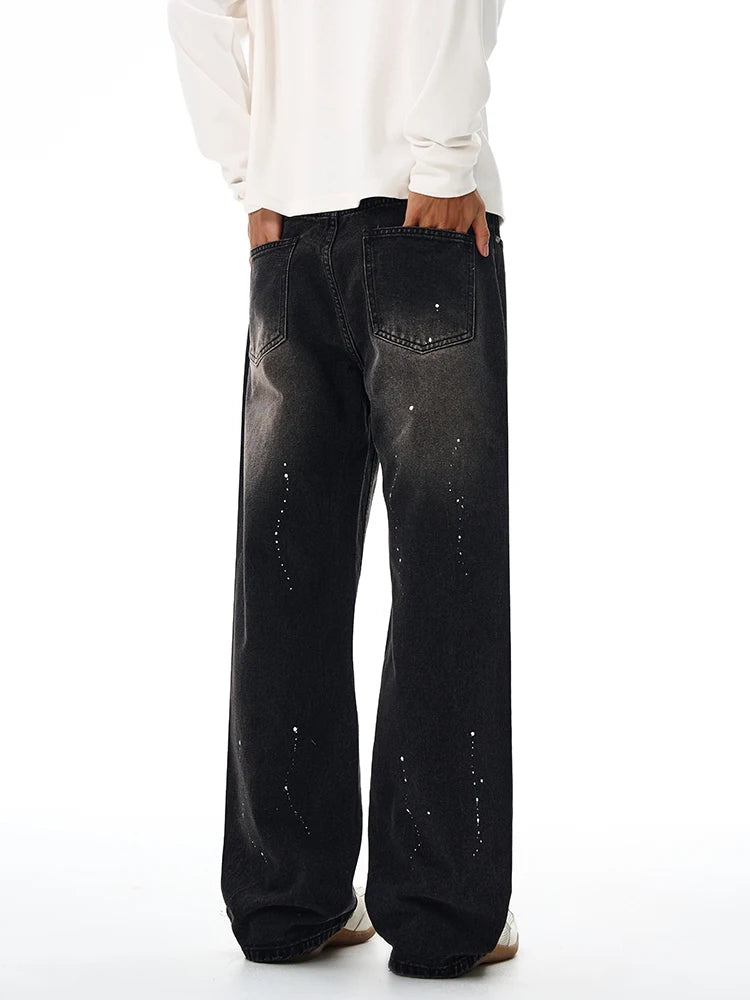 Threebooy Fashion Graffiti Black Loose Wide-leg Jeans Men's Autumn New American Simple Basic Wash Denim Pants Loose Straight Trousers