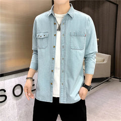 Threebooy Denim Shirt for Men Jeans Cotton Long Sleeve Blue Blazer Button Up Y2K Casual Spring Summer Cardigan Loose Fashion  Black Coat