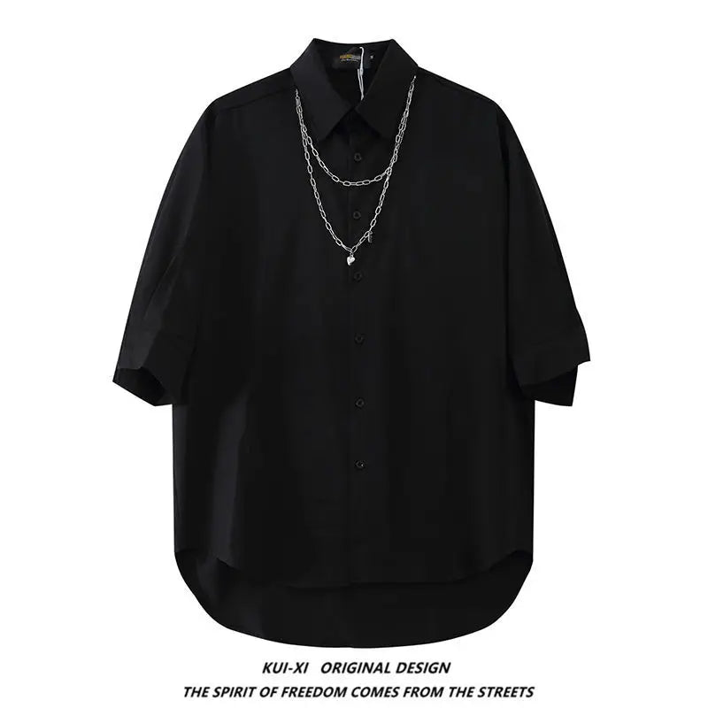Threebooy Original Niche Necklace Short-sleeved Shirt Trend Oversize Street Simple Button Up Couples Lapel Shirt Men Summer Streetwear