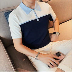 Threebooy Men's Summer High Quality Zipper Design Short Sleeve Knit Polo Shirts/Male Slim Fit Color Matching Lapel Polo Shirt S-4XL