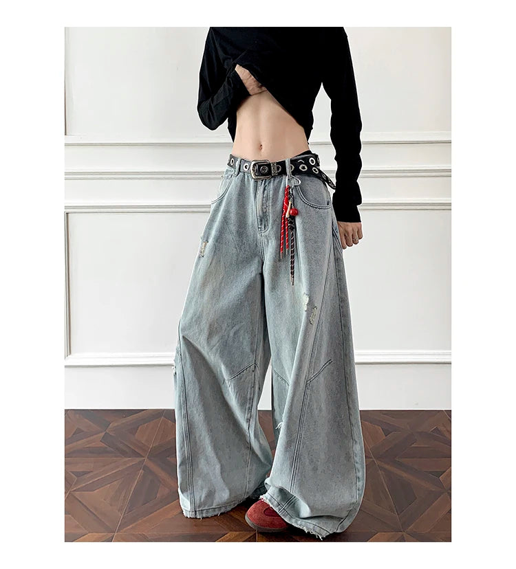 Threebooy Loose Fit Jeans Men Baggy Wide Leg Denim Pants Patchwork Ripped Light Blue Wash Hip Hop Streetwear Fashion New 2025 autumn jeans
