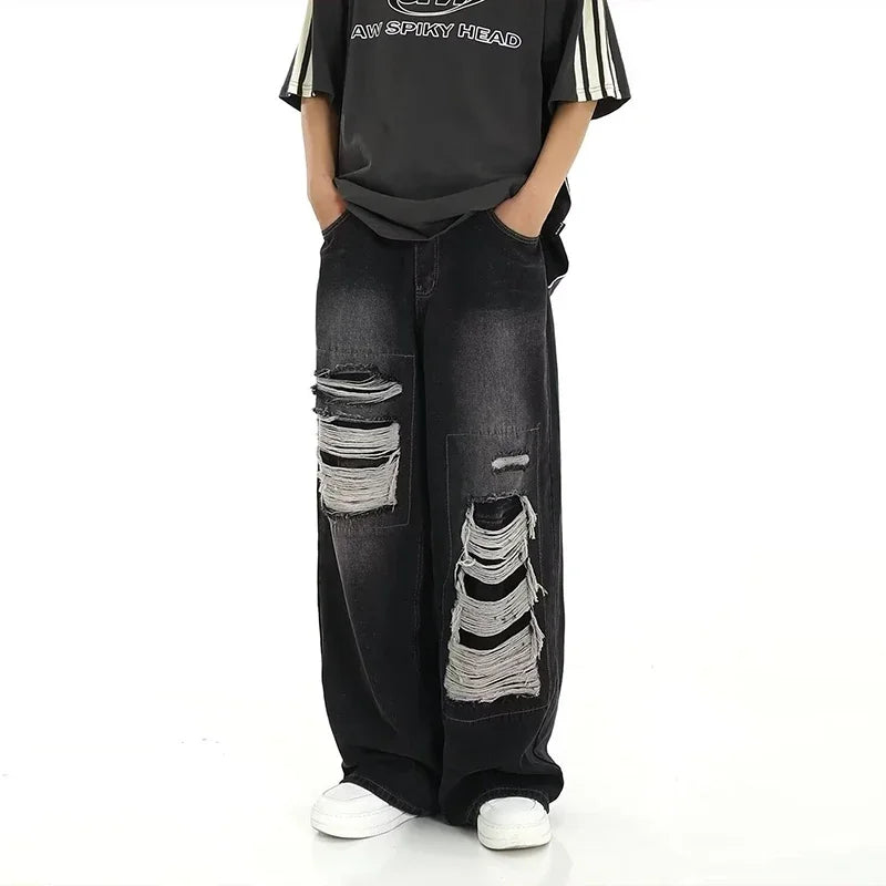 Threebooy Hole Patchwork Baggy Jeans Man Pants American Vintage Straight Wide Leg Pants Hip Hop Street Punk Y2k Jeans Loose Denim Trousers