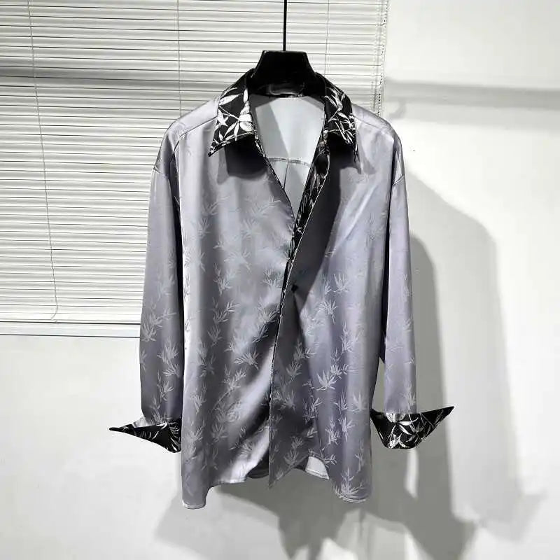 Threebooy Spring Autumn Vintage Patterned Shirt Casual Versatile Long Sleeve Shirt Men's High-end Solid Oversized Design High-end Blouse