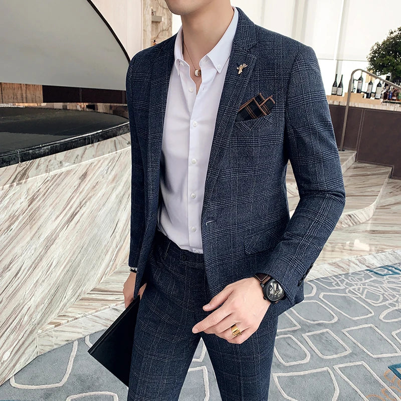 Threebooy 6XL 7XL (Blazer+Pants) Brand Men's Formal Business Suits Two-Piece Set Groom Wedding Party Dress Solid Color Plaid Tuxedo Jacket