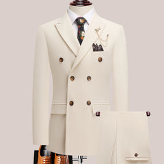 Threebooy  The latest men's solid color suit two-piece set with lapel collar and double breasted buttons for four seasons, men's business s