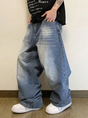 Threebooy  Summer Men's Denim Pants Old Blue Washed Male Baggy Jeans Four Seasons Straight Casual Menwear Loose Wide Leg Trousers Fashion
