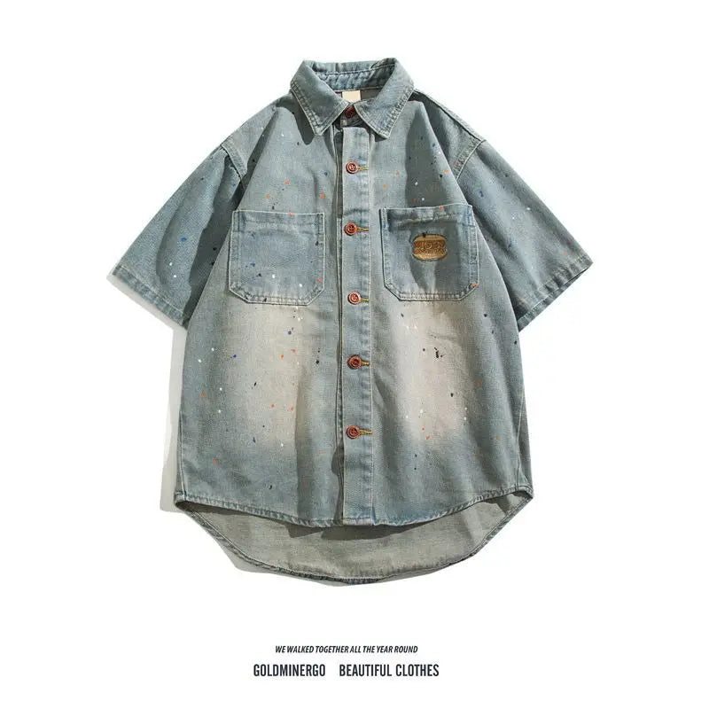 Threebooy American hip-hop men and women trendy splashed ink denim shirt for couples loose retro high-end wide casual top harajuku y2k
